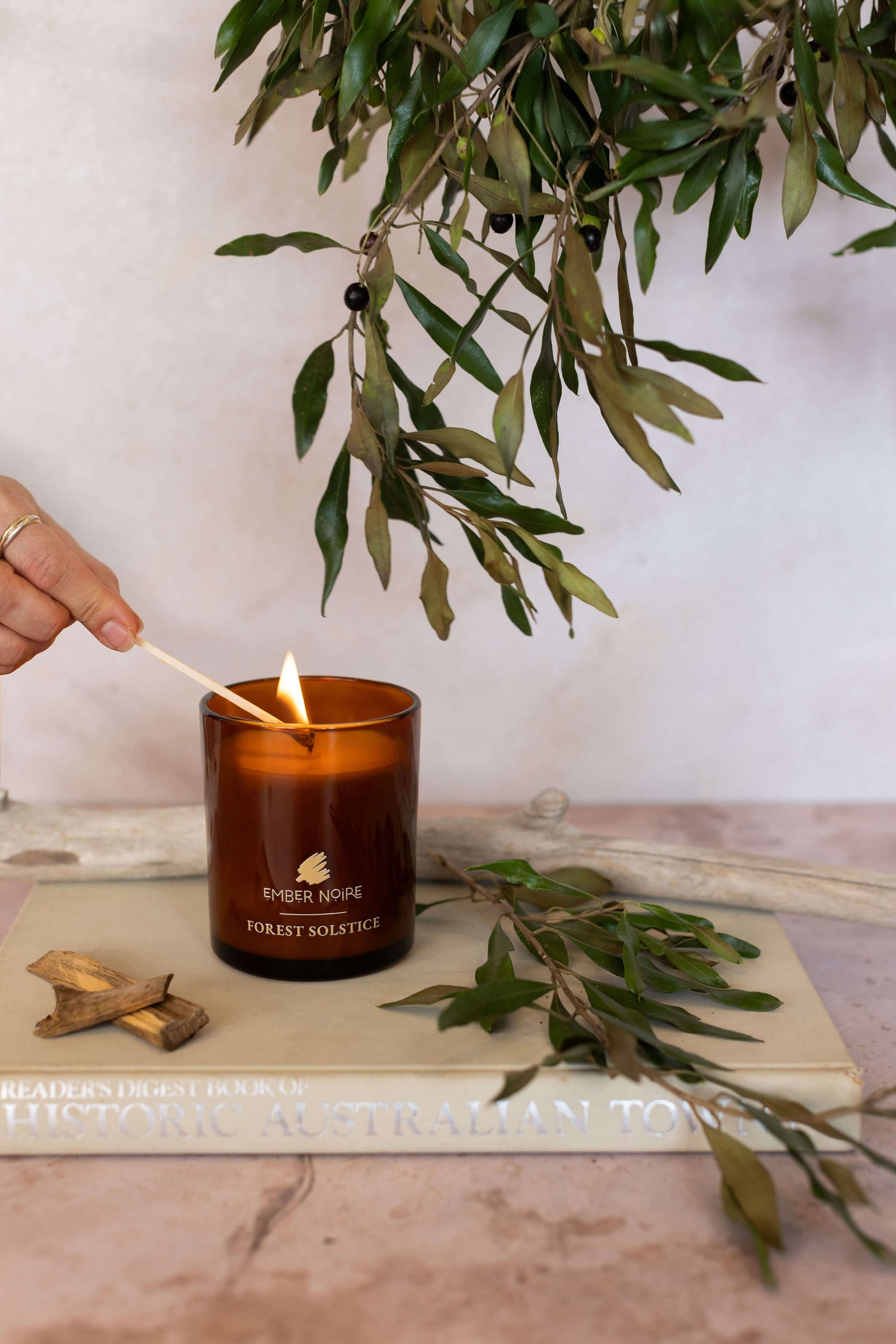 Forest Solstice eucalyptus scented candle – styled on book with pine – grounding aromatherapy soy candle