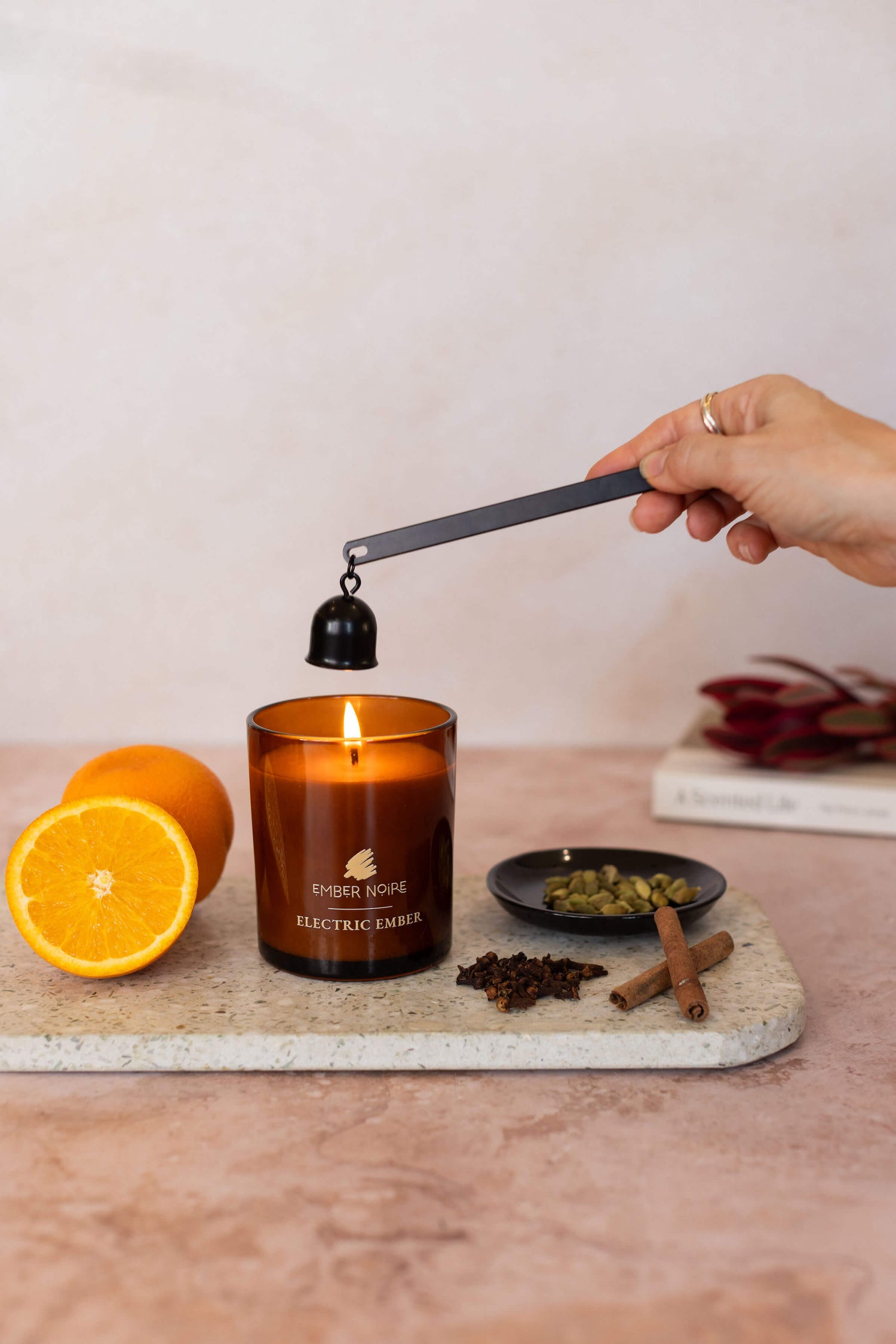 Electric Ember Scented Soy Candle – styled image with cloves and cardamom – warm and spicy soy candle with essential oils