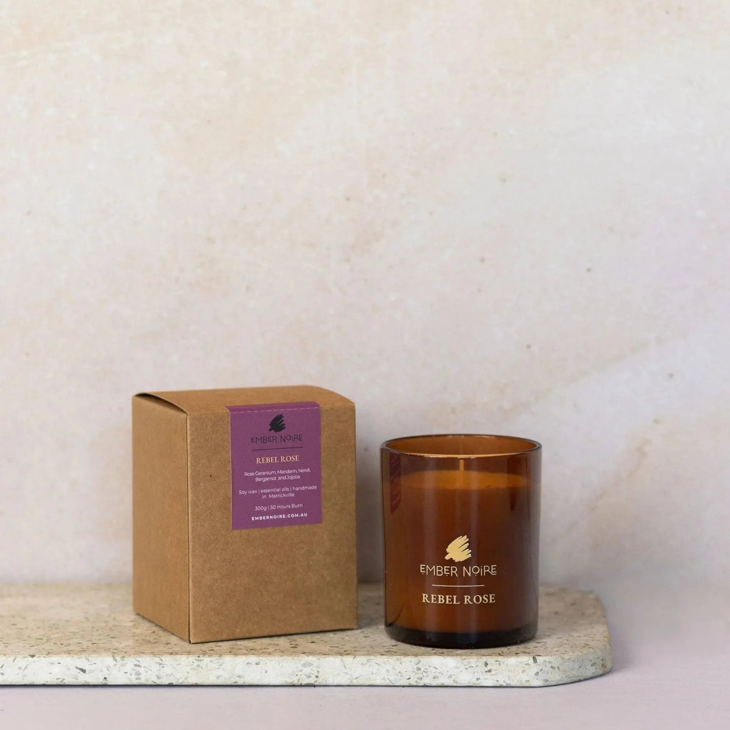 Rebel Rose candle by Ember Noire - heart-opening natural fragrance with rose geranium and bergamot