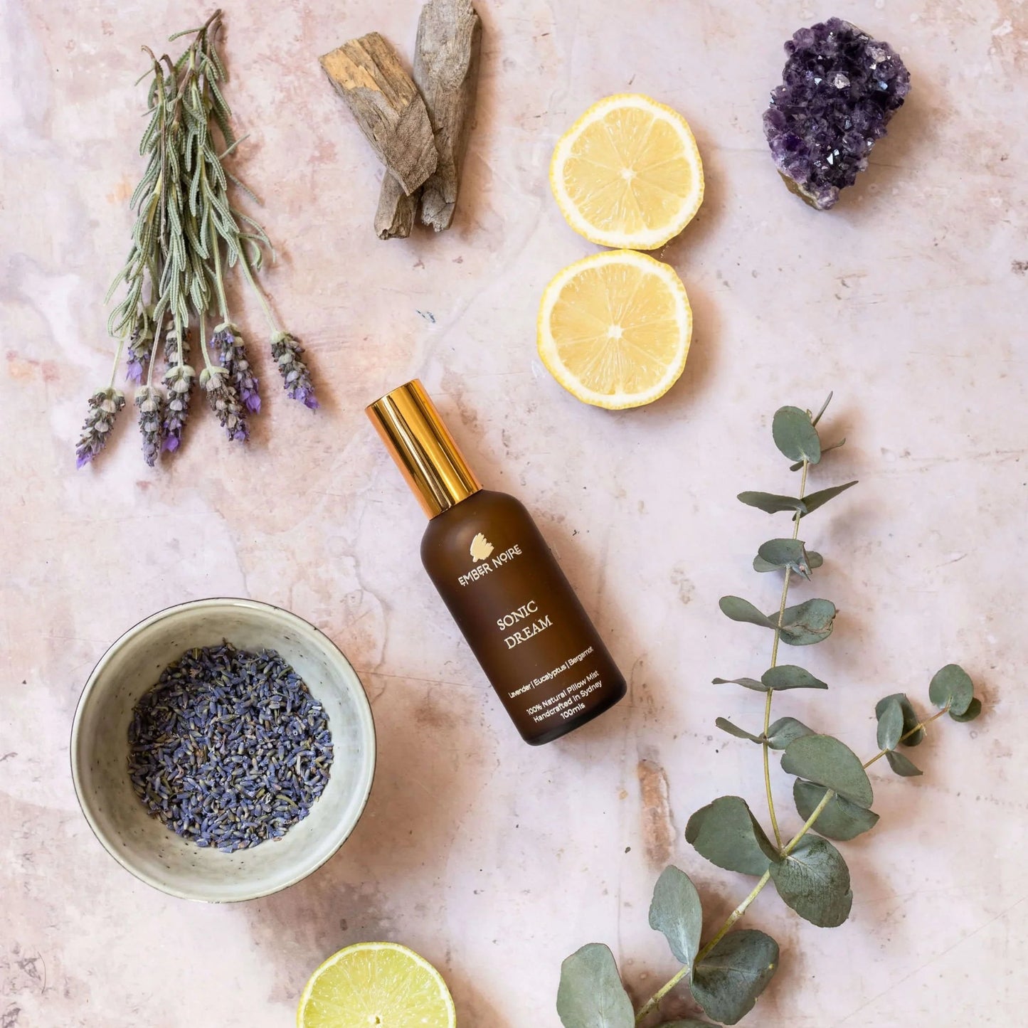 Sonic Dream pillow mist by Ember Noire shown as part of Deep Sleep Ritual gift set - natural sleep spray