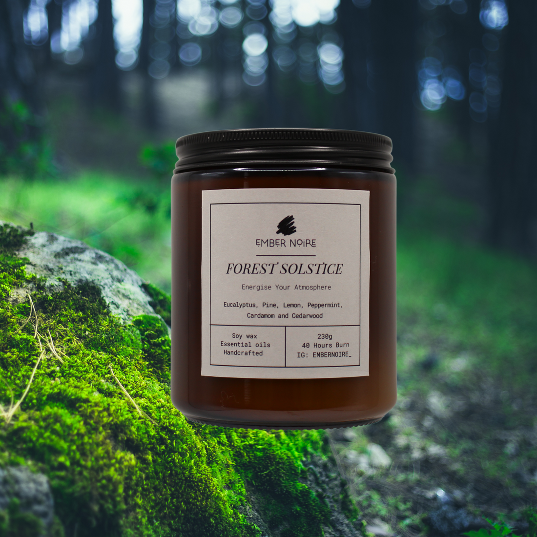 Forest Solstice natural soy candle with eucalyptus and pine essential oils, used in a grounding home aromatherapy ritual
