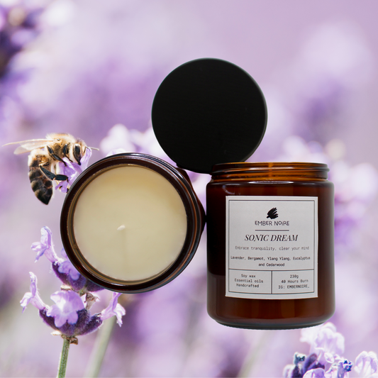 Sonic Dream natural soy candle with lavender and bergamot essential oils to support mood and wellbeing