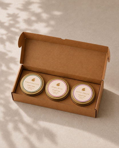 Ember Noire candle discovery set, three natural hand-poured mini candles in a kraft box, Set Two The Slow Set