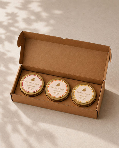 Ember Noire candle discovery set, three natural hand-poured mini candles in a kraft box, Set One The Bright Set