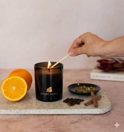 Person lighting a black Ember Noire candle with oranges and spices on a wooden board.