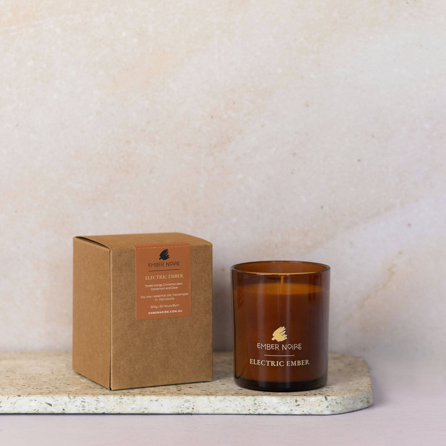 Electric Ember Candle – bold and spicy aromatherapy soy candle on marble slate with candle kraft gift box