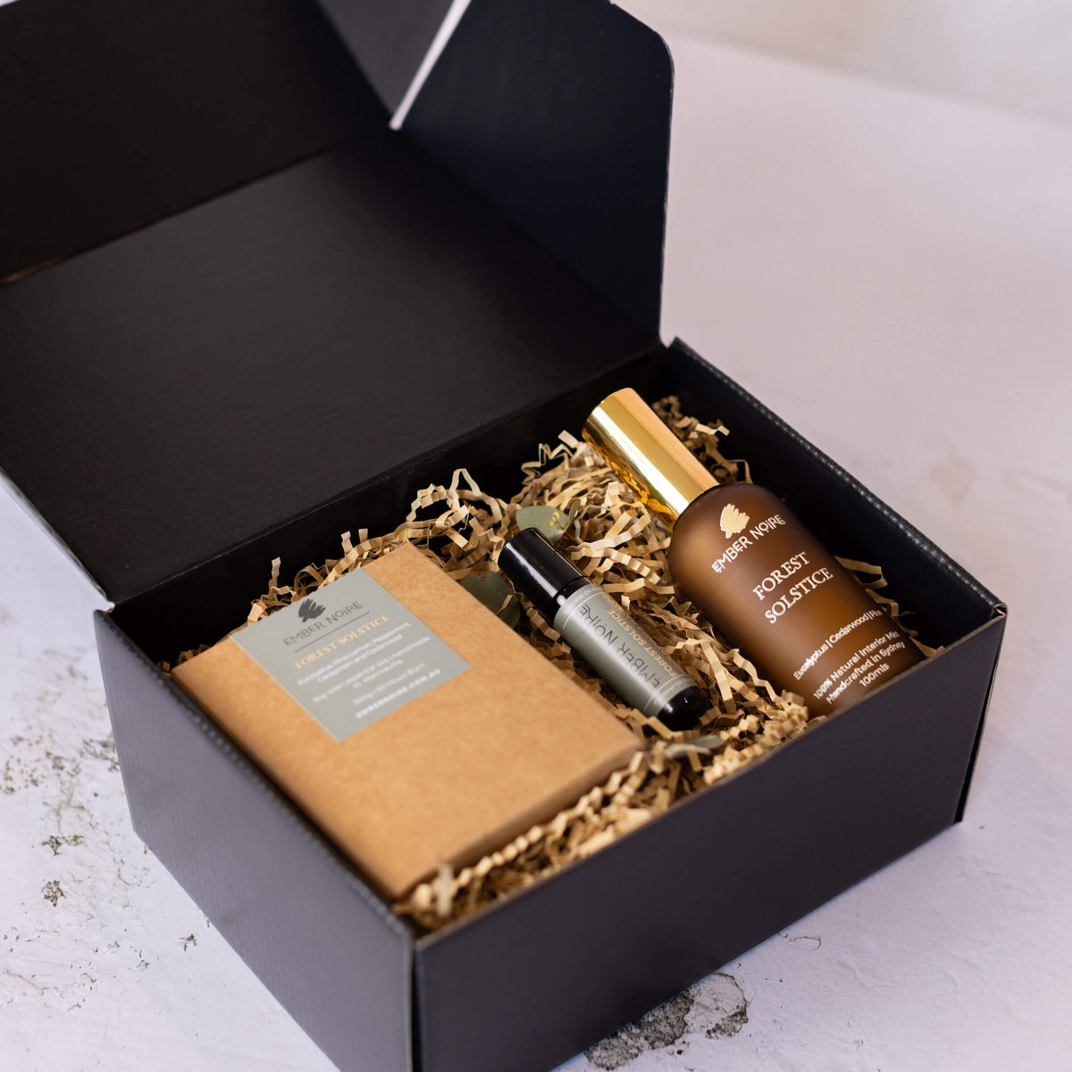 Forest Solstice Candle, Interior Mist and Aromatherapy Roller Gift set in black box 