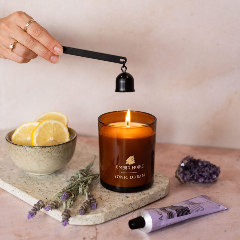 Sonic Dream candle styled with fresh lavender, crystals and bergamot
