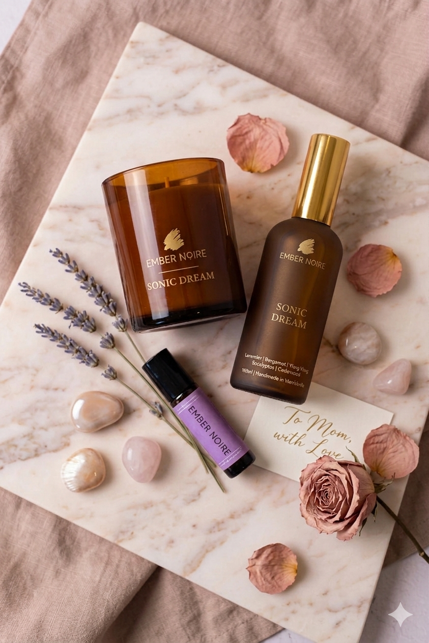  amber-colored Pillow Mist bottle, Sonci Dream Candle and Aromatherapy Roller on a marble surface with flowers and lavender.