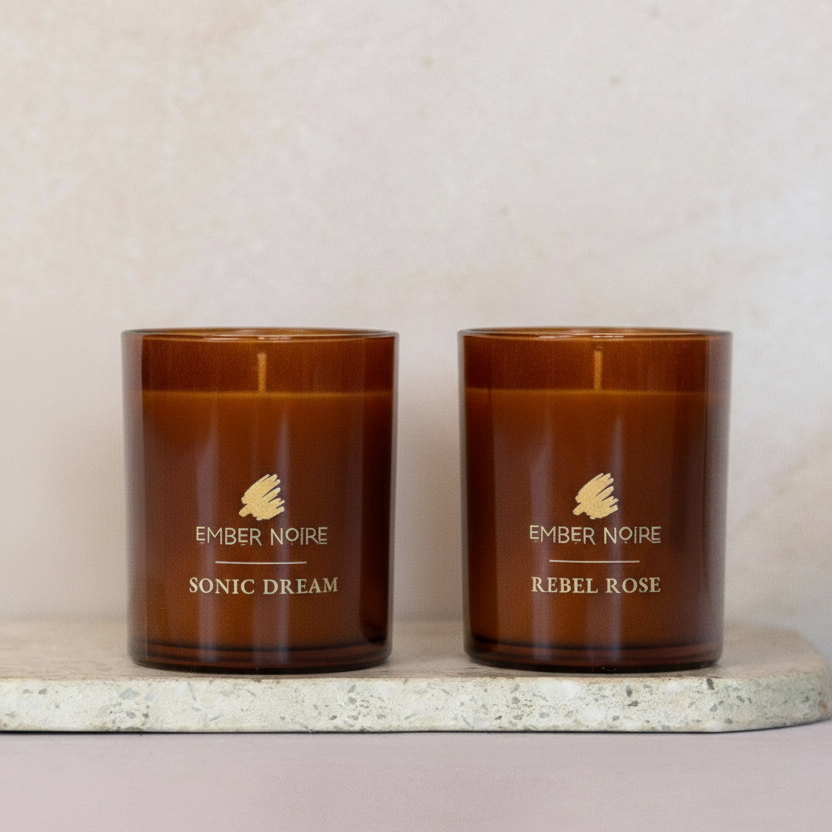 Ember Noire Candle Twin Set - two natural soy candles in amber glass jars, aromatherapy gift, Australia