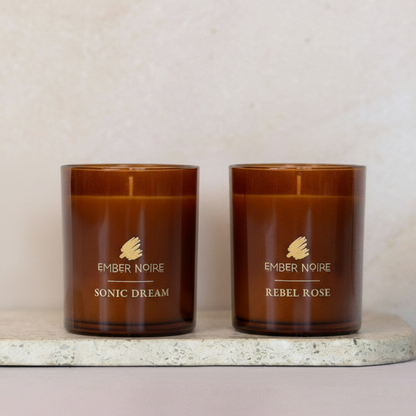 Ember Noire Candle Twin Set - two natural soy candles in amber glass jars, aromatherapy gift, Australia