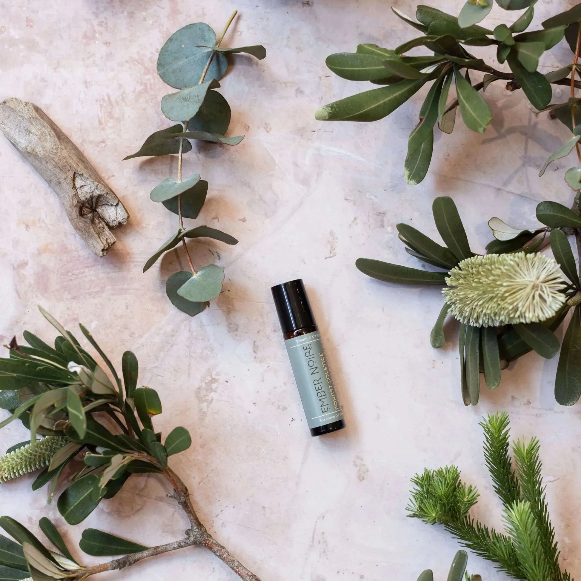 Forest Solstice aromatherapy roller by Ember Noire - eucalyptus and pine grounding pulse point oil