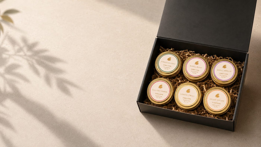 Ember Noire luxury candle discovery set banner, six hand-poured low-tox mini candles in an open black box