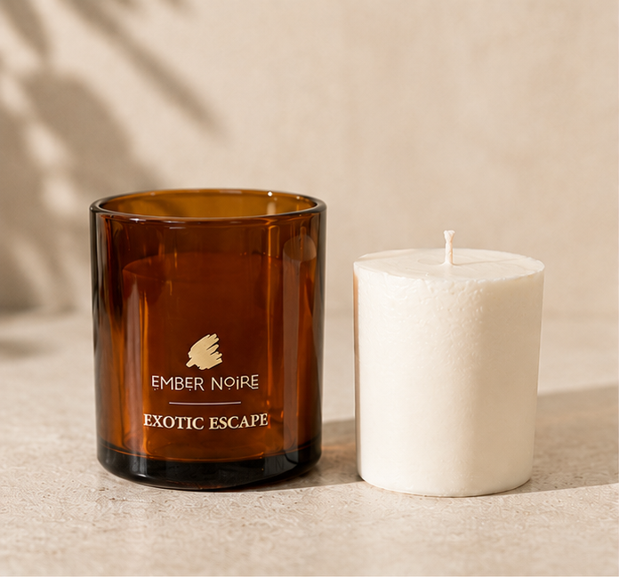 An empty Ember Noire Exotic Escape amber glass jar beside a bare soy wax candle refill