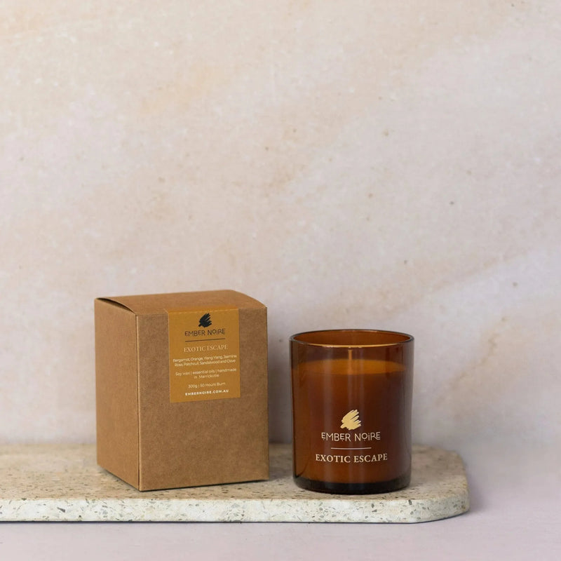 Exotic Escape amber glass soy candle from above - natural aromatherapy candle by Ember Noire, Sydney