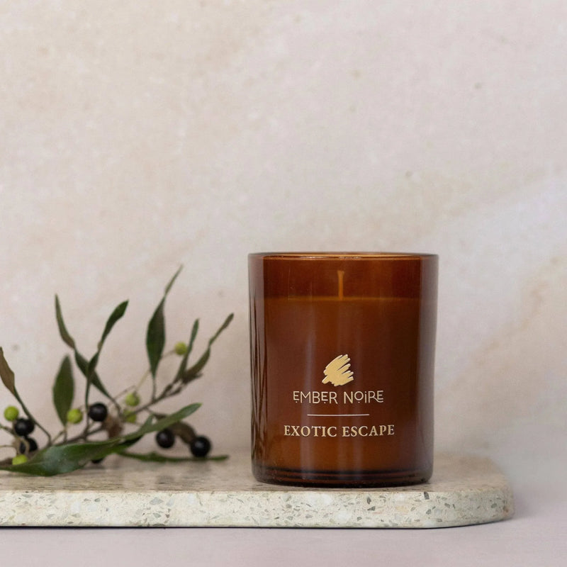 Exotic Escape natural soy candle by Ember Noire - ylang ylang, jasmine, patchouli and sandalwood aromatherapy candle